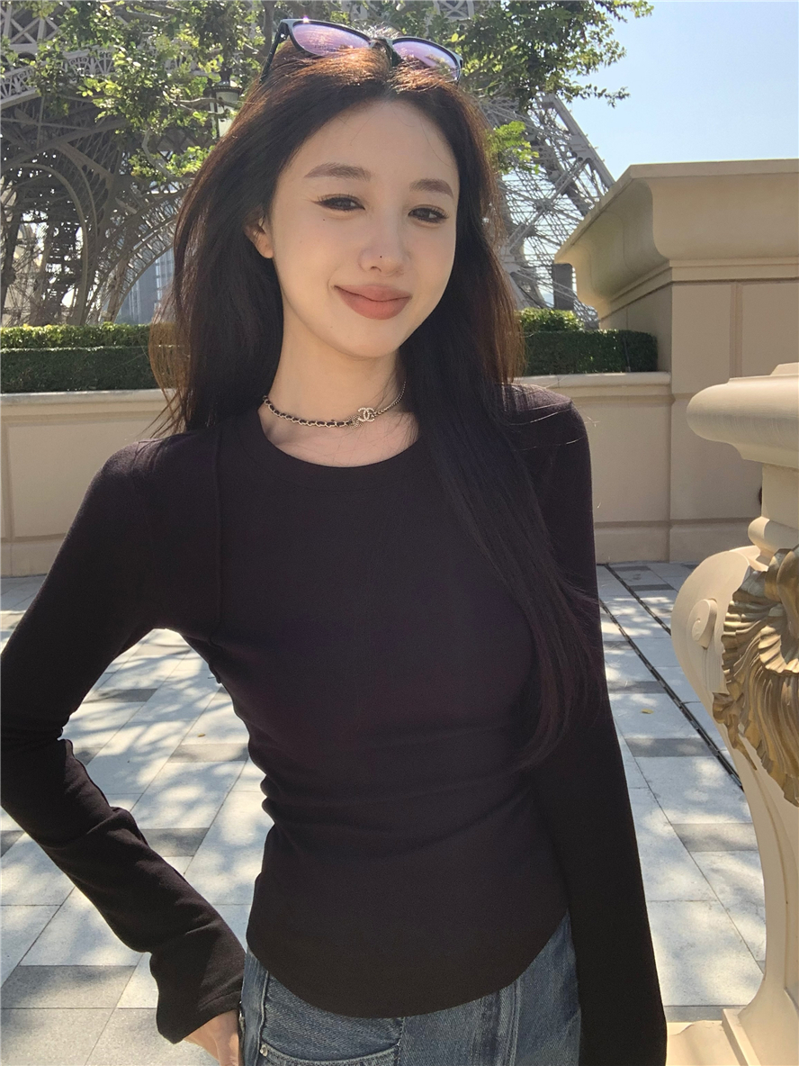 厚實緊身磨毛長袖T恤女冬季小眾拼接軟糯打底衫內搭白色上衣