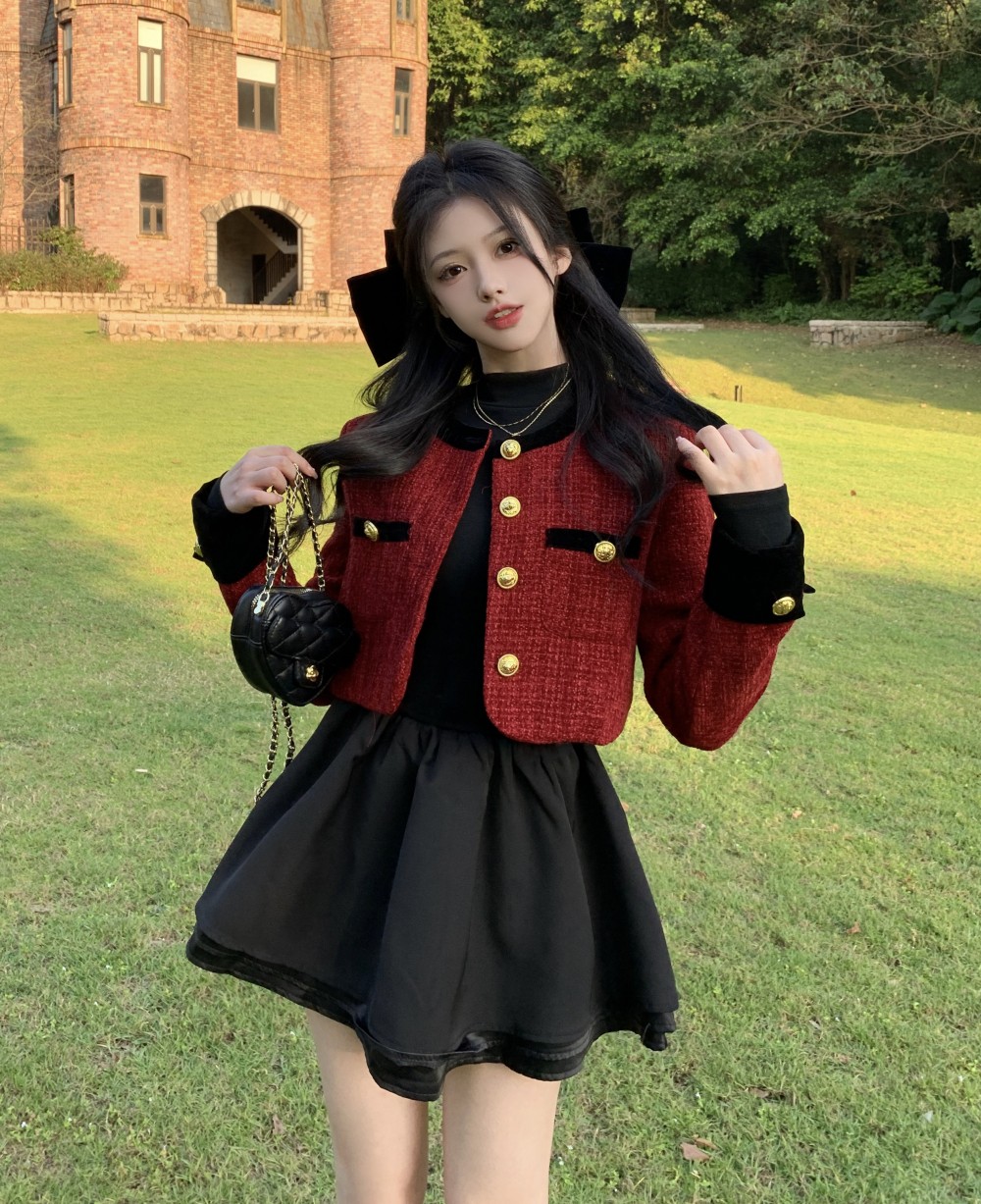 New Year's red Christmas French style thickened coat women's autumn and winter high-end short top for small people