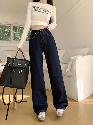 Real shot American retro high-waisted loose straight pants early spring versatile slim jeans