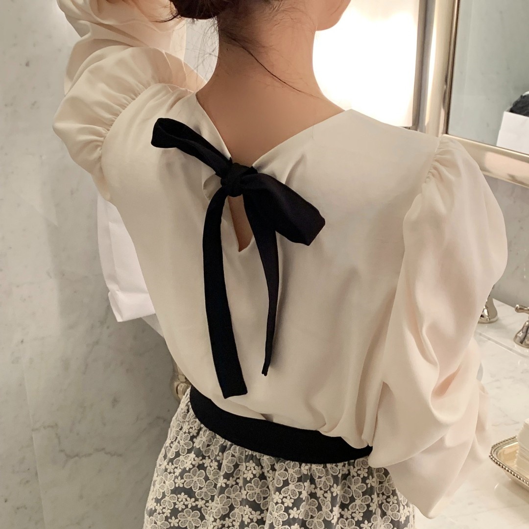 South Korea's Dongdaemun French style elegant two-wear bow tie lantern sleeve shirt top 2 colors