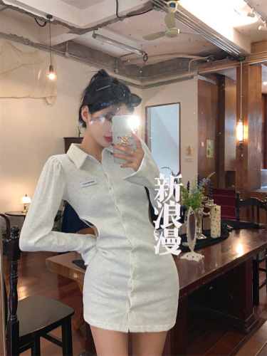 Real shot of sexy hottie in early spring hollow POLO collar solid color slim dress female ins versatile skirt