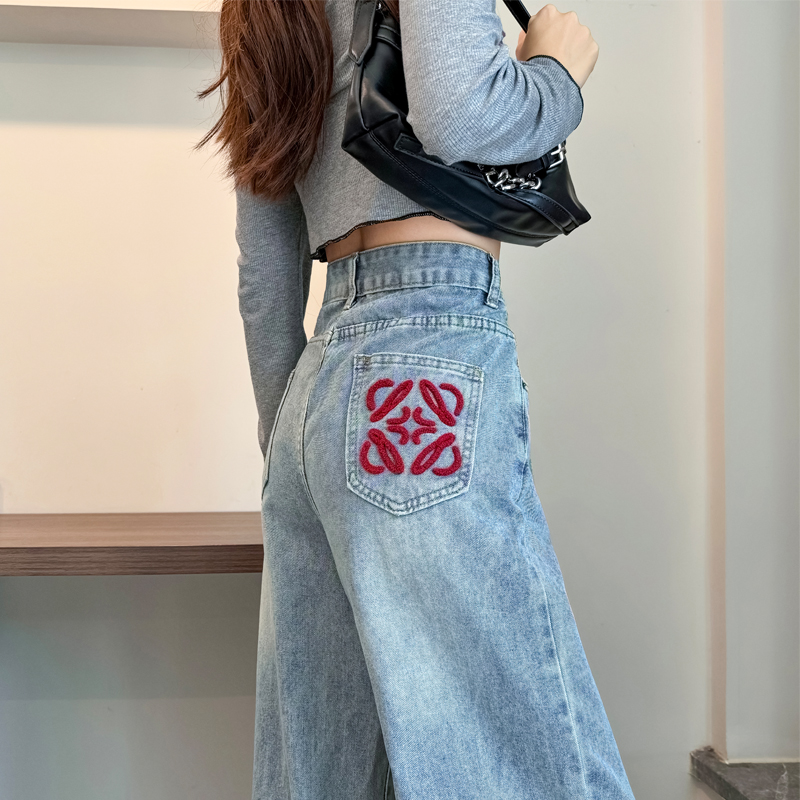 心心相印同心結刺繡高腰收腰提臀直筒牛仔褲女春季水洗窄版闊腿褲