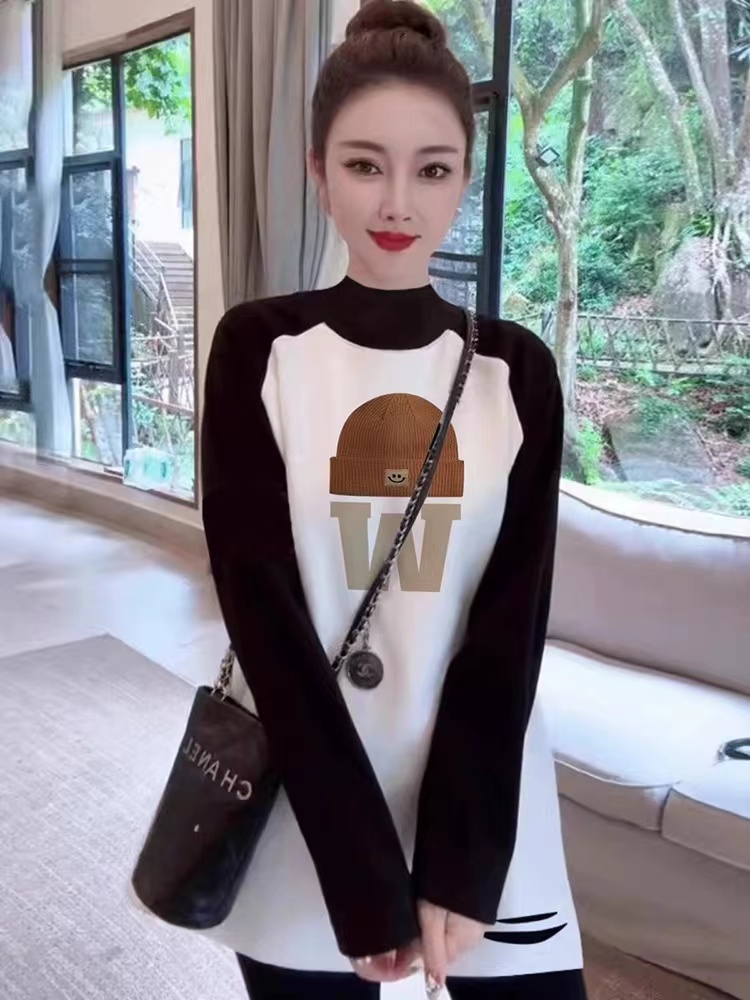 磨毛長袖t恤女秋冬寬鬆中長款半高領內搭打底衫