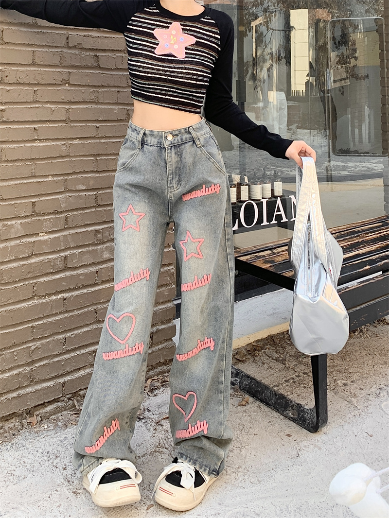 Real shot!  High street hot girl letter embroidered wide leg jeans high waist loose straight straight floor mopping pants