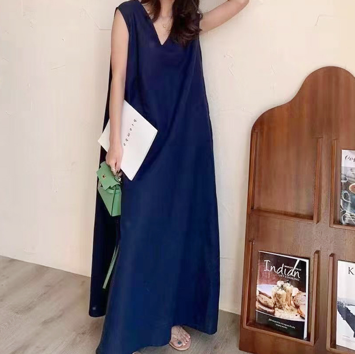日韓夏簡約純色森女V領絲麻背心連衣裙長裙子