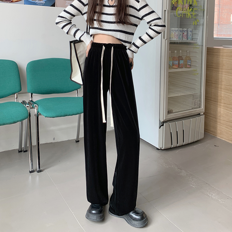 大碼胖mm金絲絨直筒褲女春秋韓版寬鬆顯瘦闊腿褲高腰休閒垂感長褲