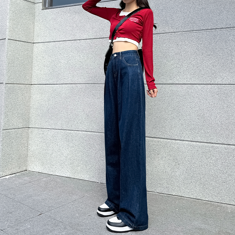 高腰闊腿牛仔褲女春季2024年新款梨形身材顯瘦垂感窄版直筒拖地褲
