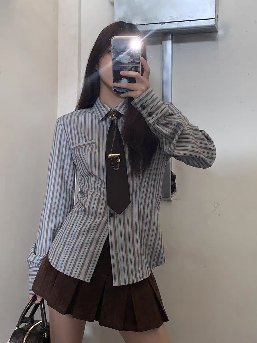 紅人館長袖襯衫女裝秋季2024新款內搭洋氣減齡上衣法式條紋襯衣女
