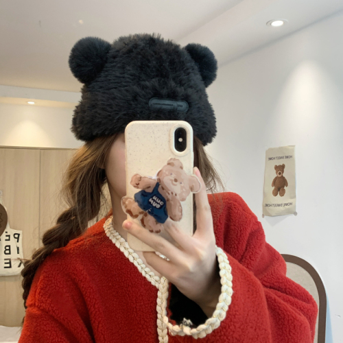 Actual shot of Korean version of cute bear ears plush hat for women, versatile ear-protecting toe-cap, thickened and warm toe-cap