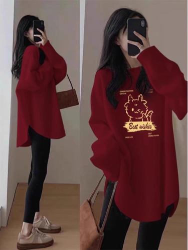 280 grams of German velvet, autumn and winter long-sleeved T-shirt for women, mid-length irregular top with bottoming shirt