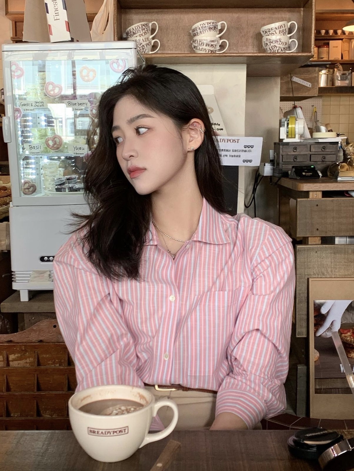 韓系設計感小眾粉色條紋襯衫女2024春季法式長袖襯衣別致氣質上衣
