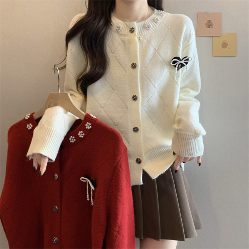 Actual shot of the new temperament small fragrant style bow knitted cardigan sweater long sleeves