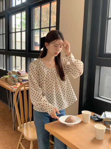 Actual shot ~ Western-style flocking polka-dot long-sleeved shirt with temperament and age-reducing tencel hand-rolled hem shoulder top for women