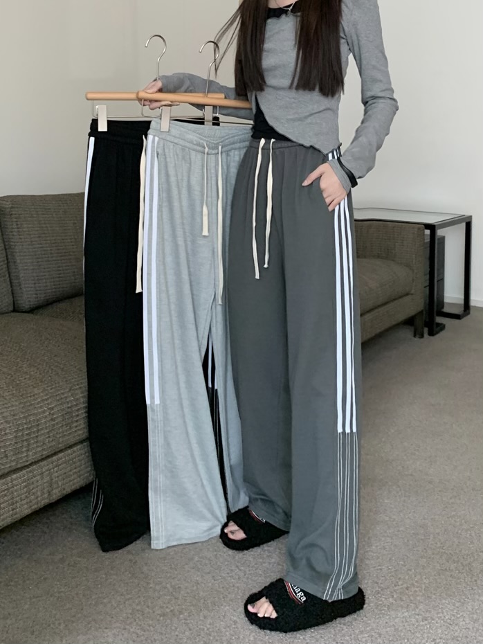 實拍 早春美式拼接條紋復古運動寬鬆休閒高腰直筒衛褲闊腿褲