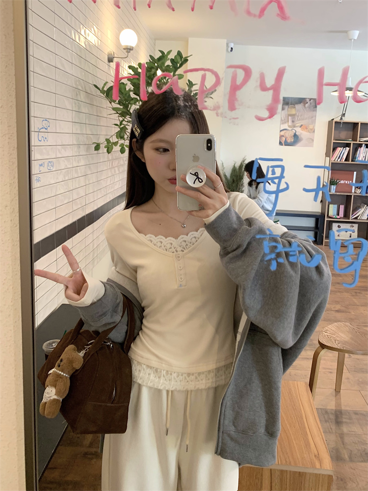 實拍！假兩件拼接蕾絲長袖打底衫女修身顯瘦上衣