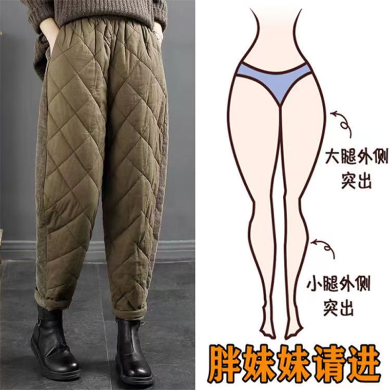 Winter new solid color rhombus spliced ​​corduroy down pants for women, elastic warm quilted cotton pants for women to wear outside