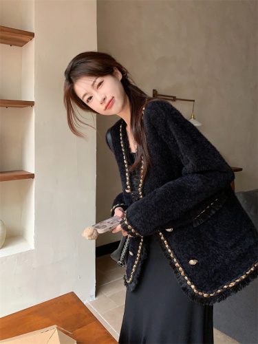 Actual shot~ Korean style loose-fitting small fragrant fringed high-end cardigan jacket for street celebrities~