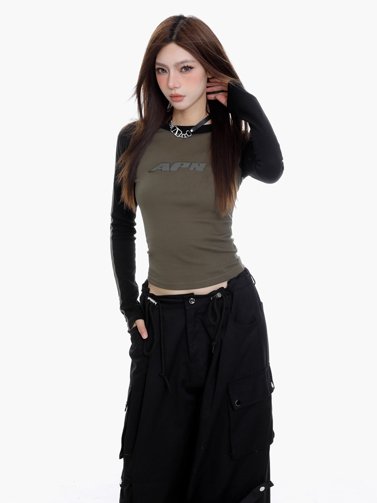 Early autumn American retro long-sleeved raglan T-shirt for women in spring and autumn tight-fitting inner layering shirt top short style