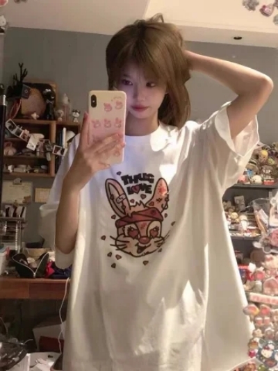 純棉2024春夏季韓版寬鬆大碼上衣短袖卡通印花T恤女