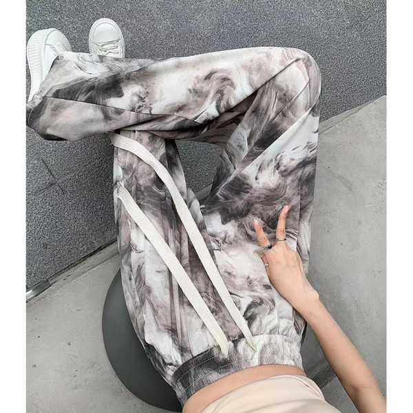 扎染直筒冰絲休閒褲女高腰夏薄款大碼胖mm寬鬆顯瘦垂墜感闊腿褲子