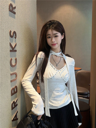 Actual shot~Spring style~American hot girl design hollow long-sleeved T-shirt slimming halter neck top