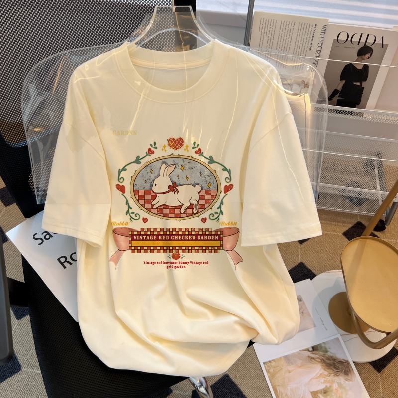 實拍 2024年春夏新款 100%棉精梳純棉 印花夏裝短袖T恤女寬鬆韓版