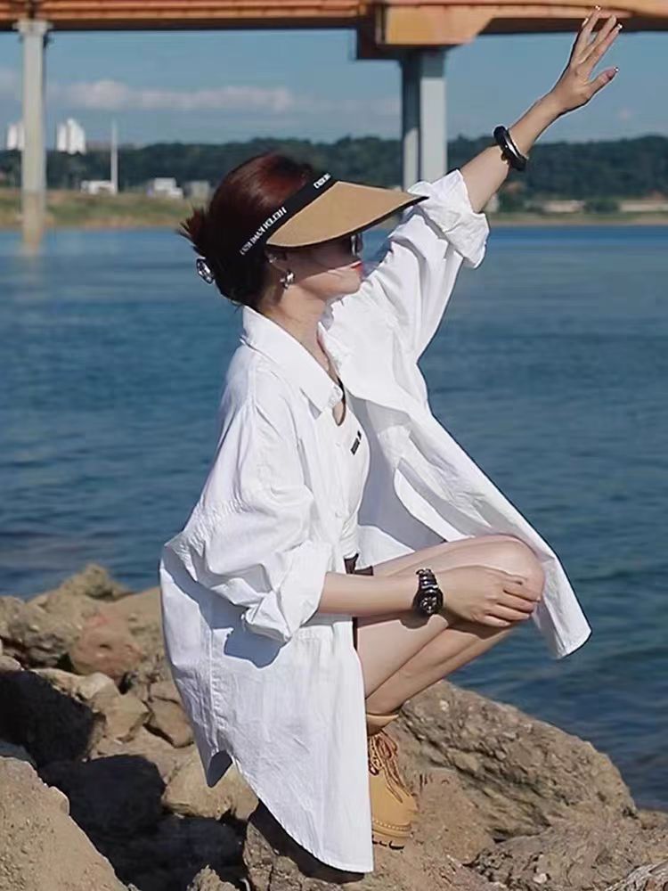 白色襯衫女設計感小眾外搭法式慵懶風春季襯衣外套男友風純棉上衣