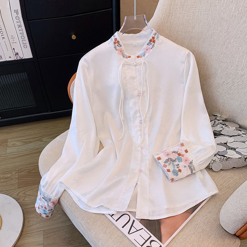 新中式國風白色長袖刺繡襯衫2024春新款女裝復古盤扣唐裝漢服上衣
