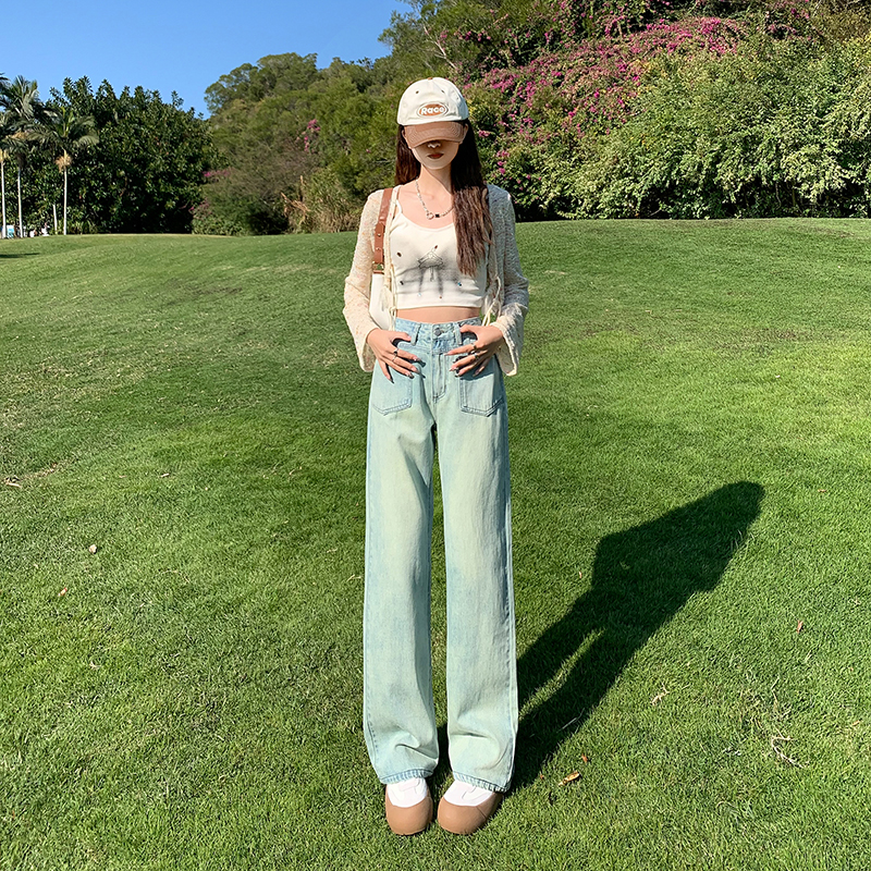 實拍~復古闊腿高腰牛仔褲女2024春季美式高街辣妹拖地寬鬆直筒褲