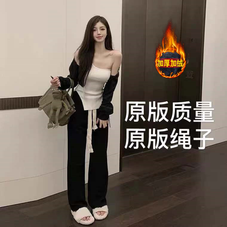 抽繩垂感闊腿褲女秋冬加絨黑色拖地長褲顯瘦休閒褲寬鬆褲