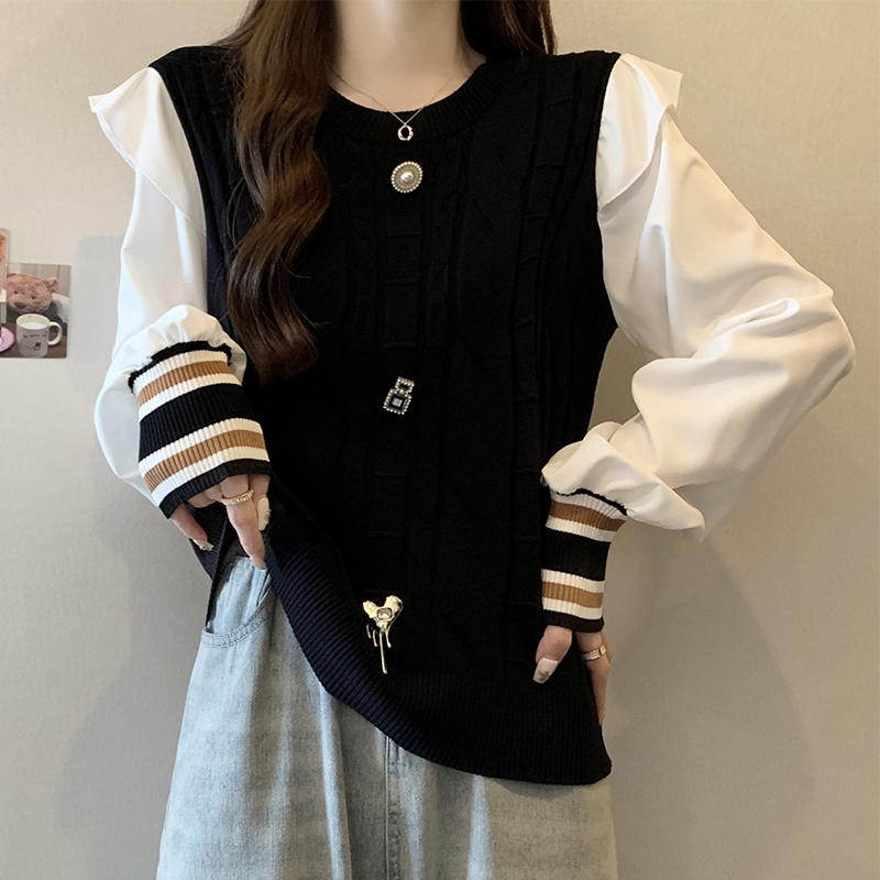 Real shot of plus size women's clothing 2024 spring new design fake two-piece knitted stitching covering the flesh, slimming and versatile shirt