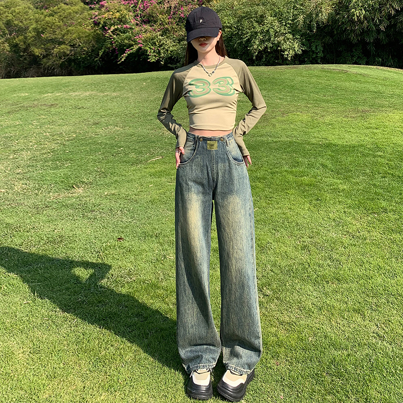 實拍 復古闊腿高腰牛仔褲2024美式高街顯瘦辣妹拖地寬鬆直筒褲子