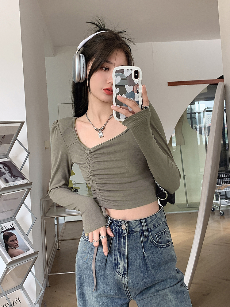 2024 Spring and Autumn New Korean Style Square Neck Top Slim Fit Long Sleeve Bottoming Top Women's T-Shirt Trendy