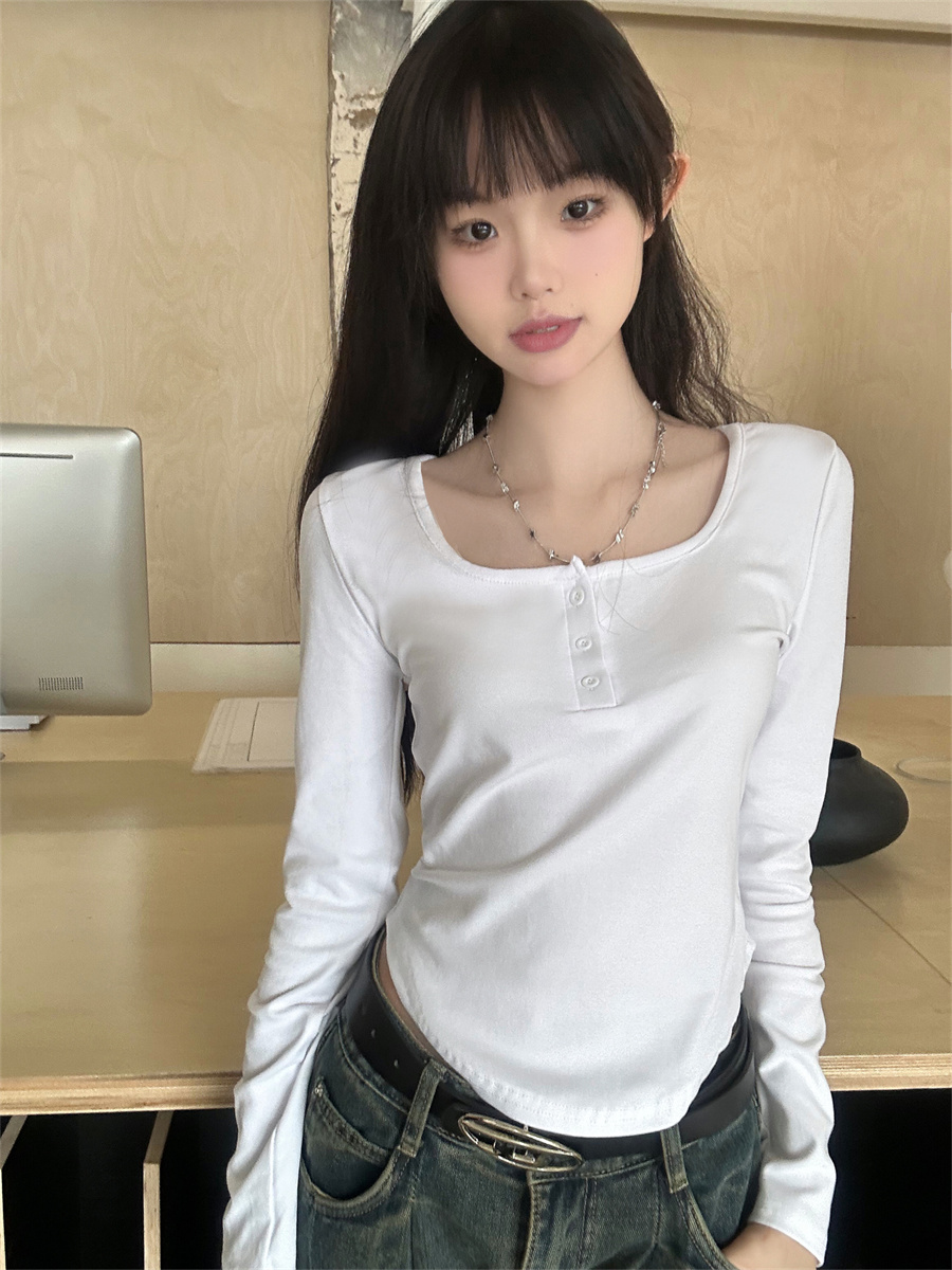 實拍方領純色內搭長袖打底衫春秋百搭修身早秋上衣女