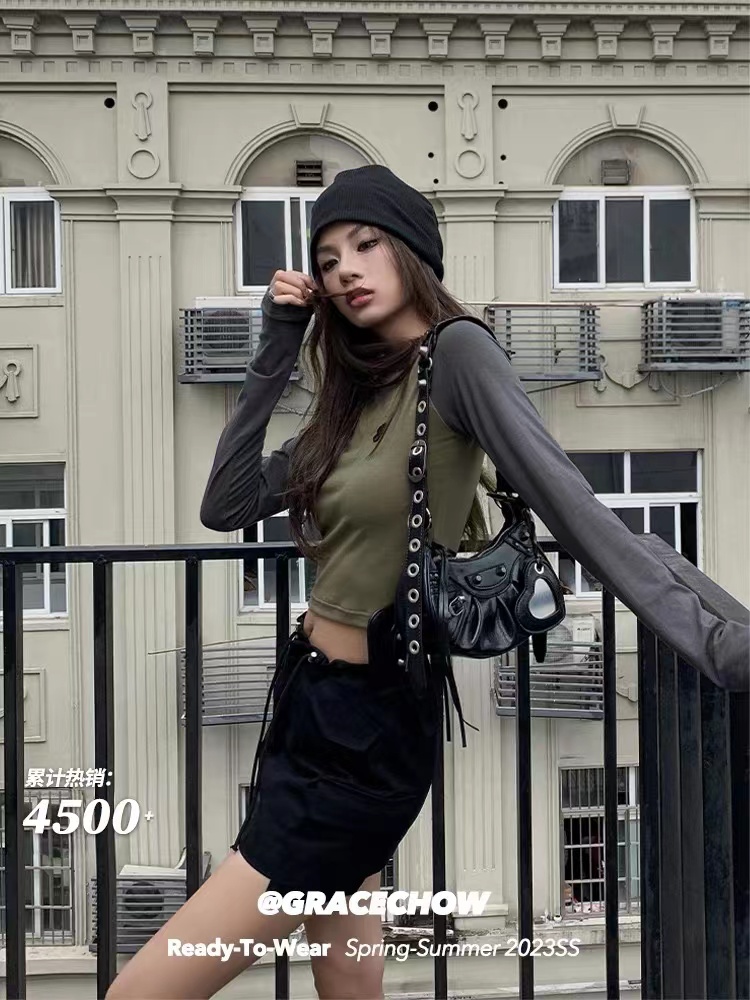 GRACECHOW-23SS Zhou Yangqing hot girl style raglan sleeve t-shirt women's spring slimming short long-sleeved top