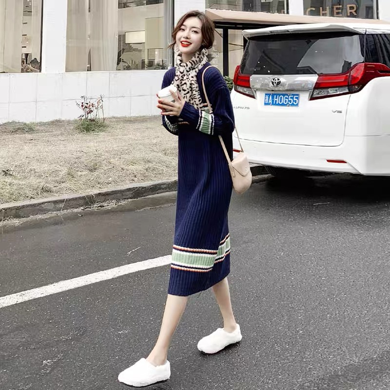 European Autumn and Winter Clothing 2024 New Long Over-the-Knee Contrast Color Fashionable Bottoming Knitted Dress