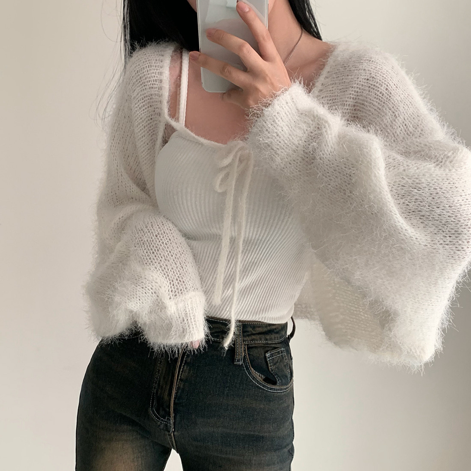 Korean chic spring gentle and lazy imitation mink fur shawl jacket design lace-up long-sleeved cardigan for women