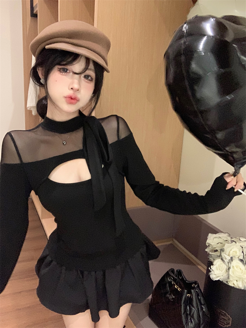 實拍 2024春季新款性感純欲蝴蝶結打底黑色上衣女網紗拼接