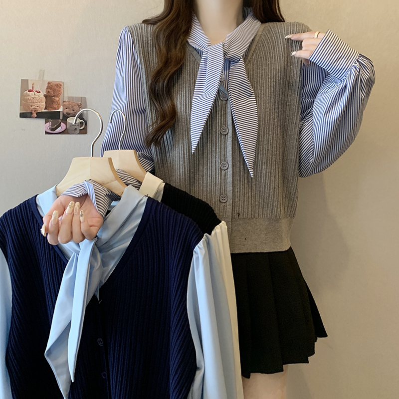 Real shot of plus size women's clothing 2024 spring new temperament fashionable fake two-piece knitted shirt versatile casual knitted sweater