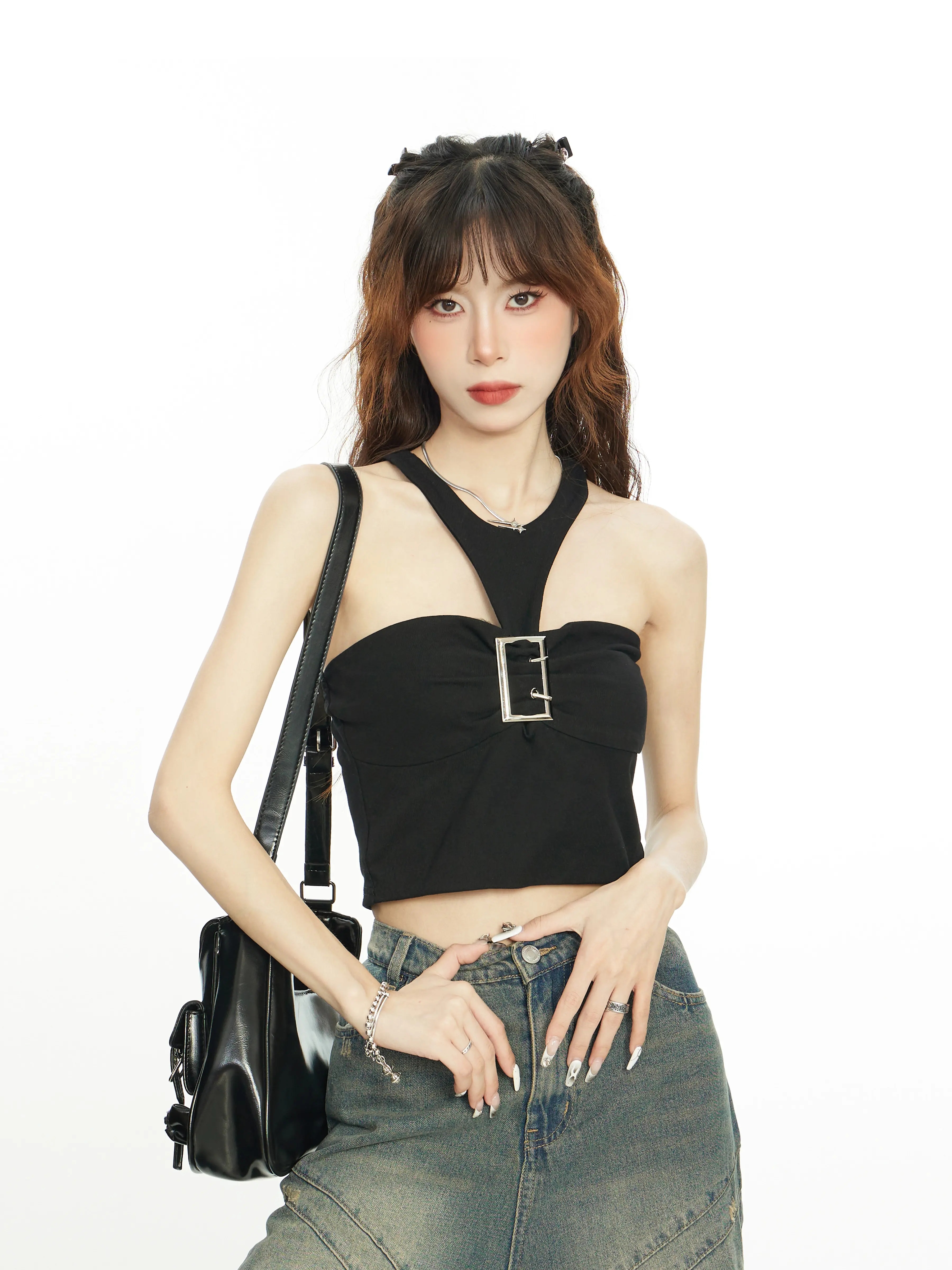 Pure lust style sexy hot girl metal buckle halter top for women summer short backless sleeveless small suspender black top