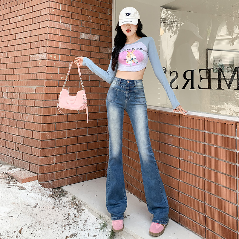Actual shot ~ 2024 spring and autumn slimming new style versatile design flared pants high waist jeans trousers extended ins