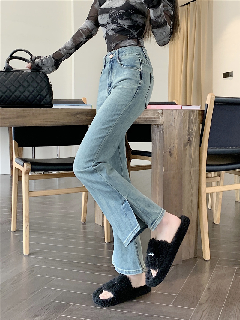 Actual shot~New high-waisted versatile trousers with slits and stretchy bootcut jeans for women