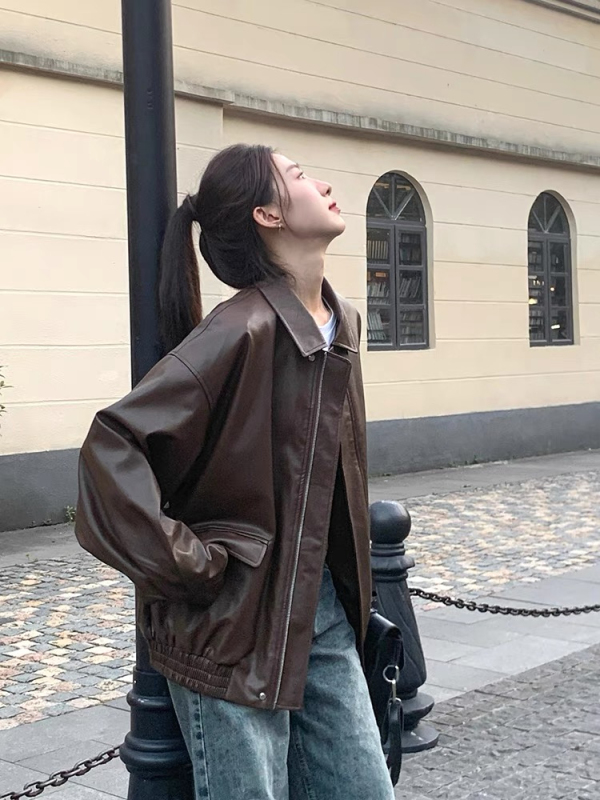 Brown imitation leather jacket for women Hong Kong style 2024 new autumn high-end loose American retro motorcycle jacket top