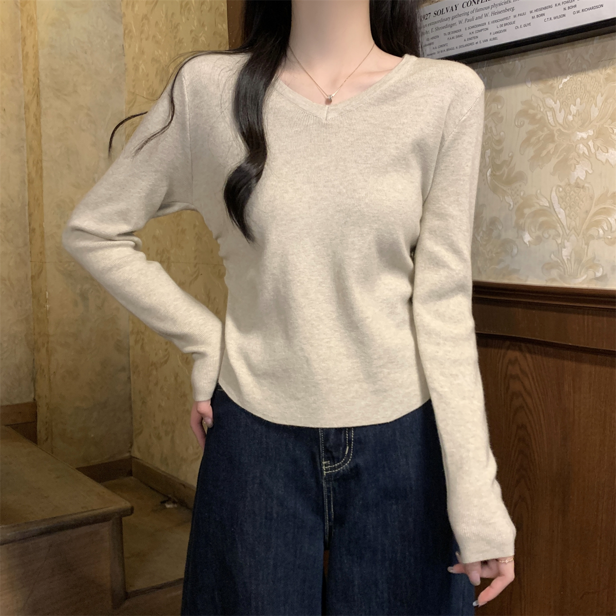 實拍 2024早春新款v領韓版褶皺顯瘦安迪絨針織打底衫毛衣女