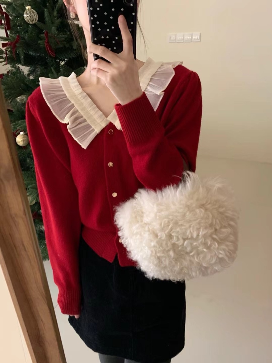 2024 Year of the Dragon New Year Clothes Ruffled Red Sweater Women's Autumn and Winter Chic and Beautiful Bottoming Shirt Knitted Top