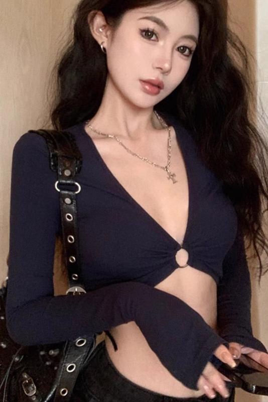 純欲辣妹bm長袖T恤女2024春秋性感緊身短款鏤空小眾露臍上衣