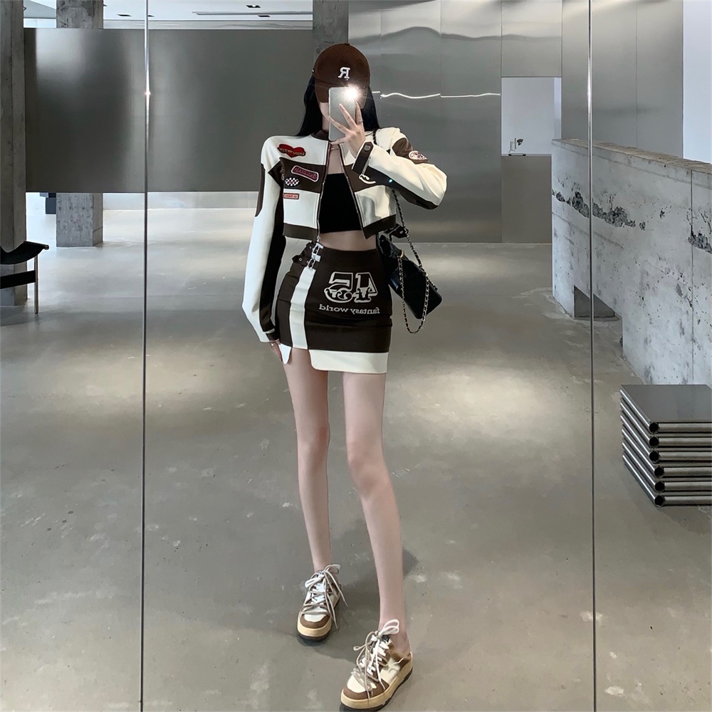 實拍 美式復古辣妹機車棒球外套+高腰半身裙 套裝