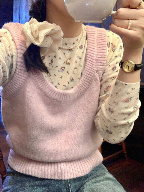 溫柔甜美小碎花打底衫女秋冬內搭修身顯瘦小個子正肩長袖t恤上衣
