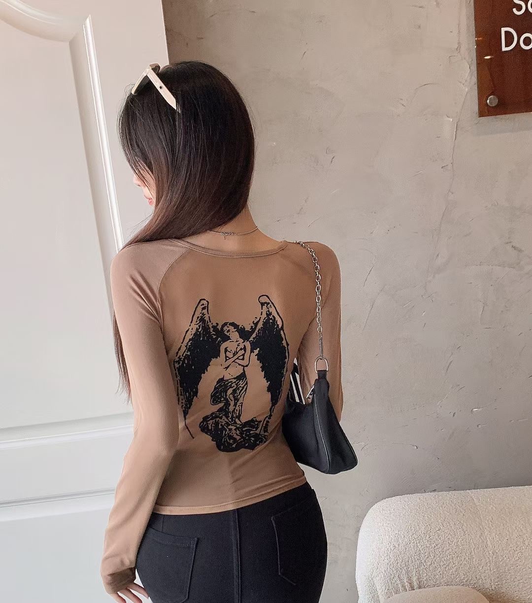 Angel printed long-sleeved T-shirt for women in autumn new hot girl slim-fitting slightly see-through top