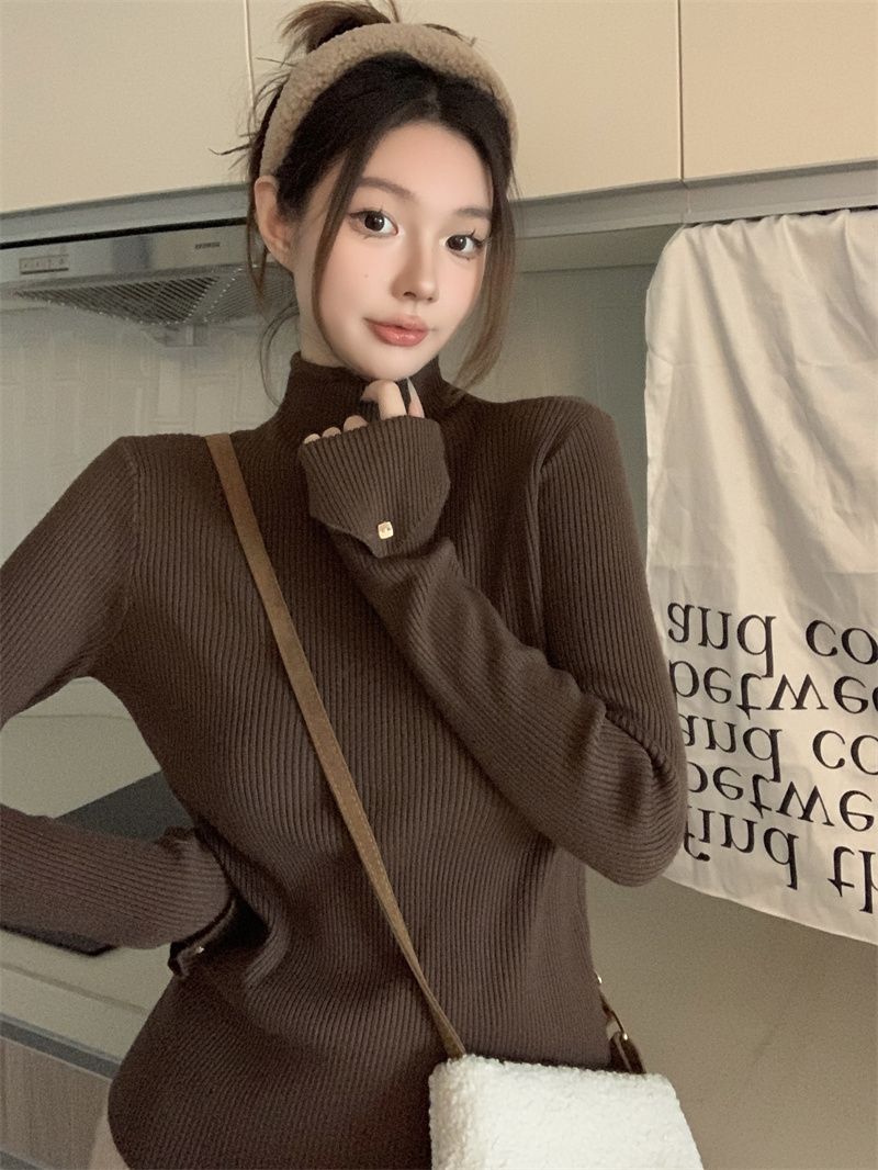 Real shot Korean style half turtleneck soft glutinous pit pattern knitted button-down sweater